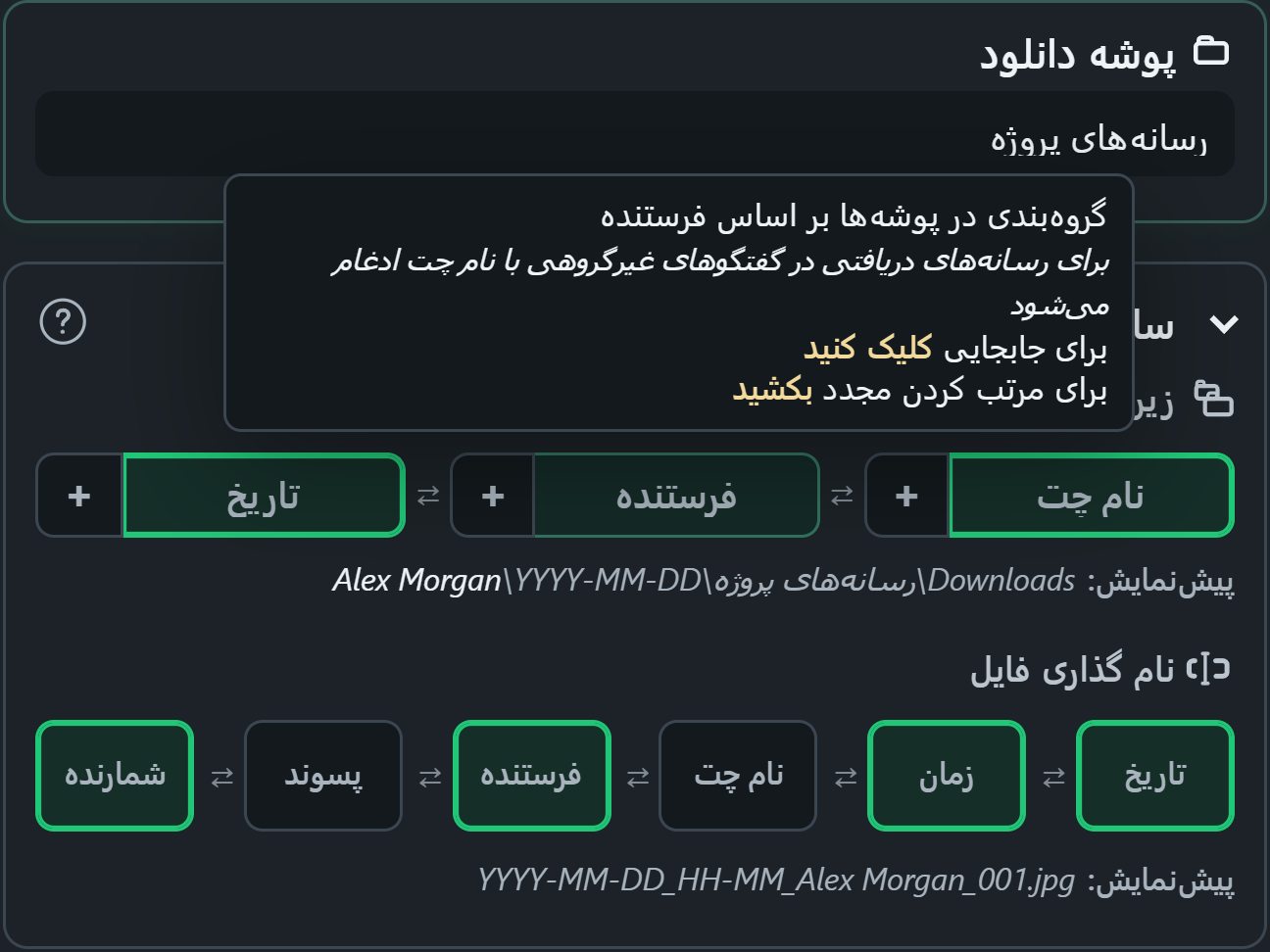 WhatsSnap با پیش نمایش پوشه و نام فایل، کنترل های سازمان را بکشید و رها کنید