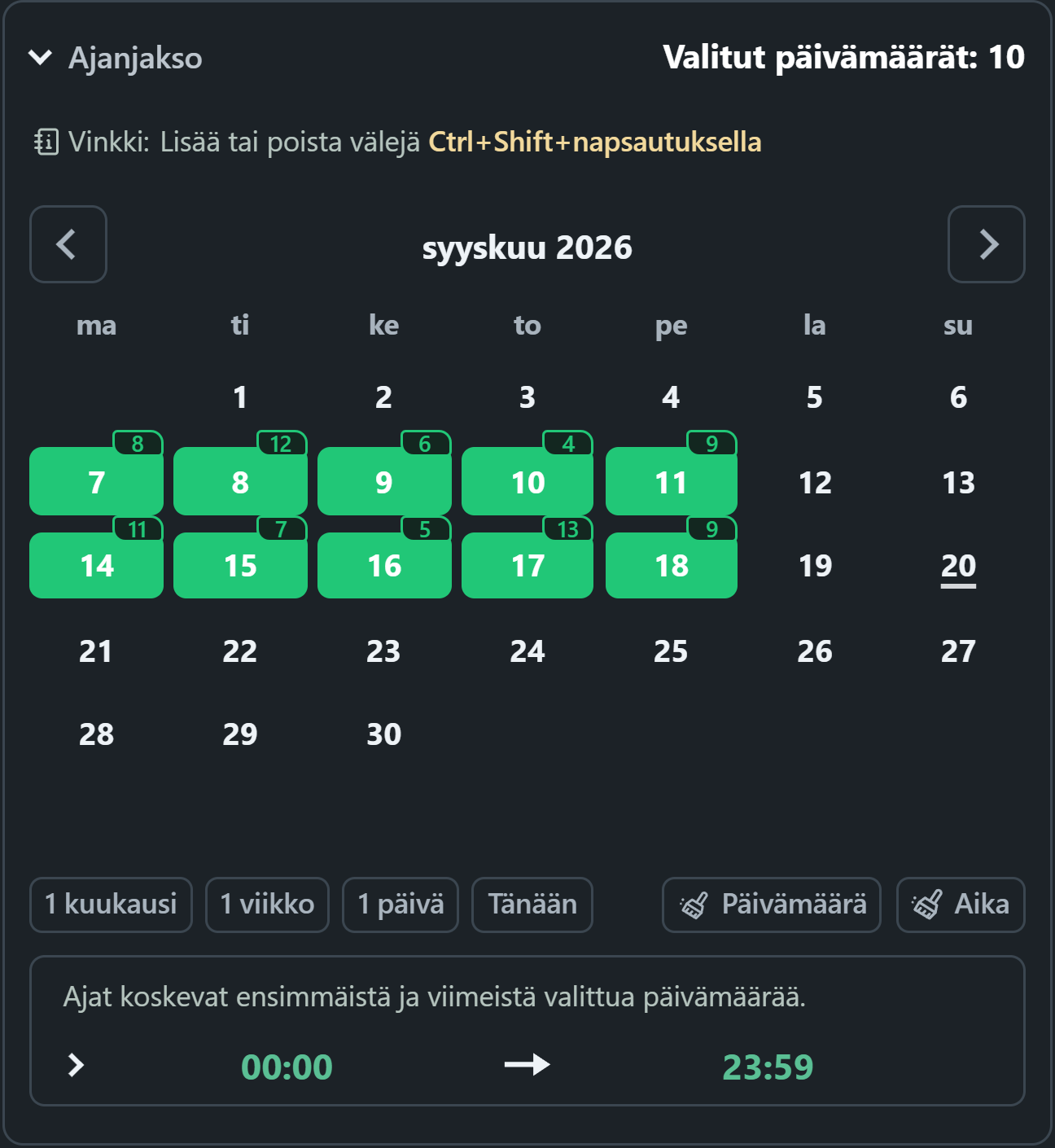 WhatsSnap kalenteri valituilla ajanjaksoilla ja päivittäisellä skannauksella löydetyillä mediamerkeillä