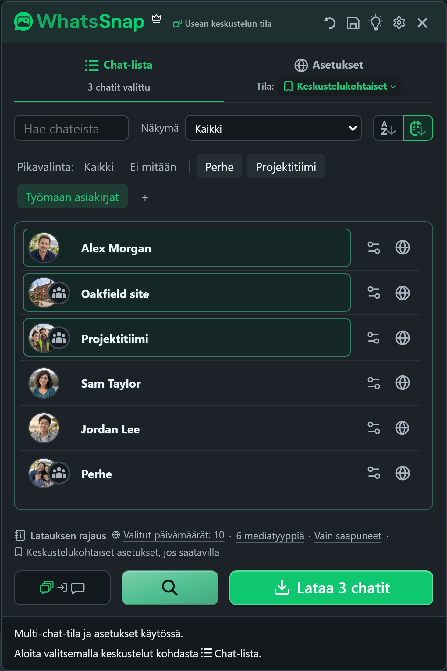 WhatsSnap Multi-chat Quick Select -ryhmien, haun, suodattimien ja kuvitteellisten työkeskustelujen avulla