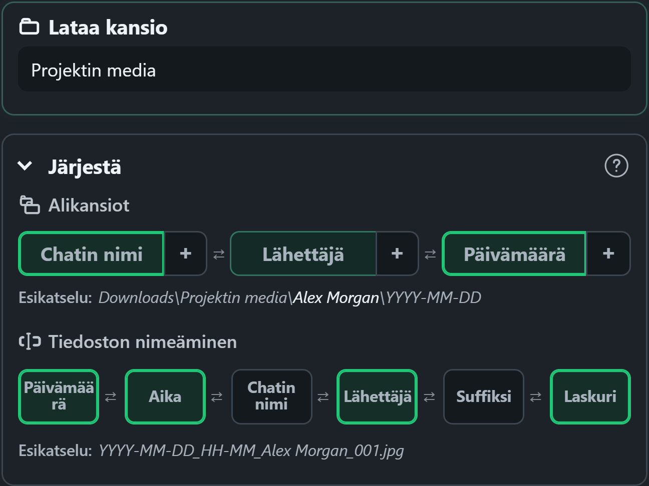WhatsSnap vedä ja pudota organisaatioohjaimet kansioiden ja tiedostonimien esikatseluilla