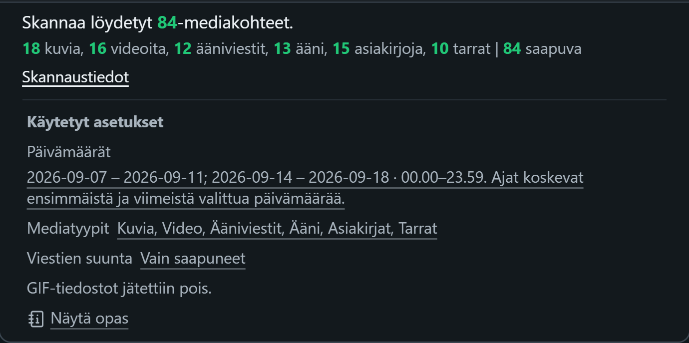 WhatsSnap Yksi keskustelu — Skannaustiedot näyttää mediamäärät ja päivämäärän, median ja käytetyt suuntasuodattimet
