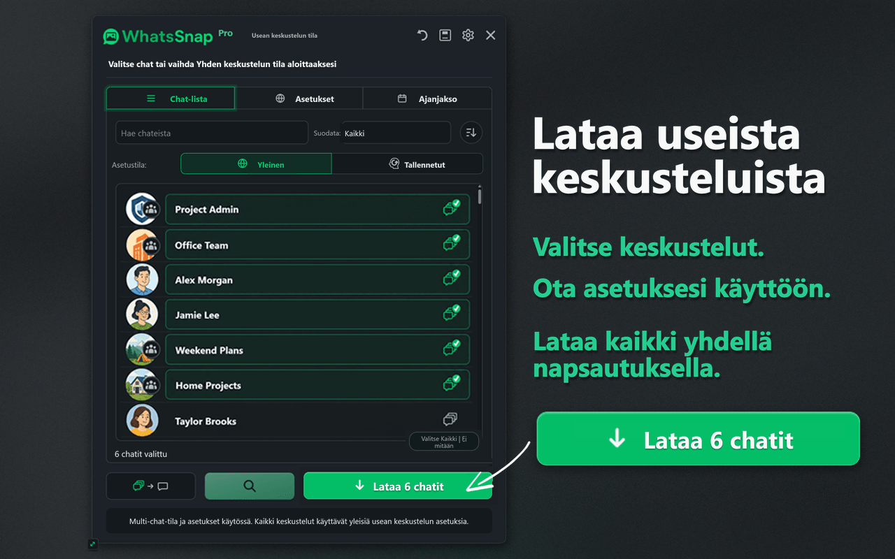 WhatsSnapin Multi-chat-valinnan ja erälatauksen näkymä