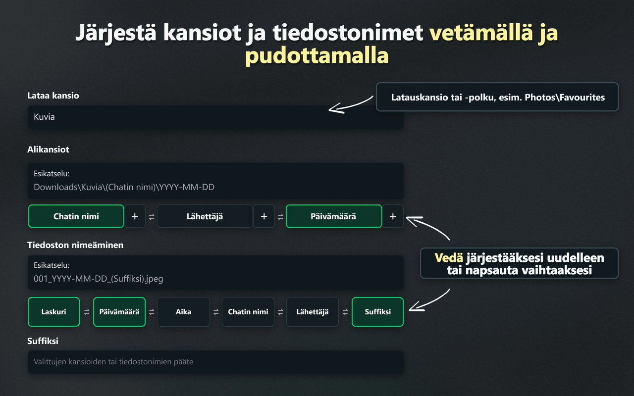 WhatsSnapin vedä ja pudota -ohjaimet kansioiden ja tiedostonimien järjestämiseen