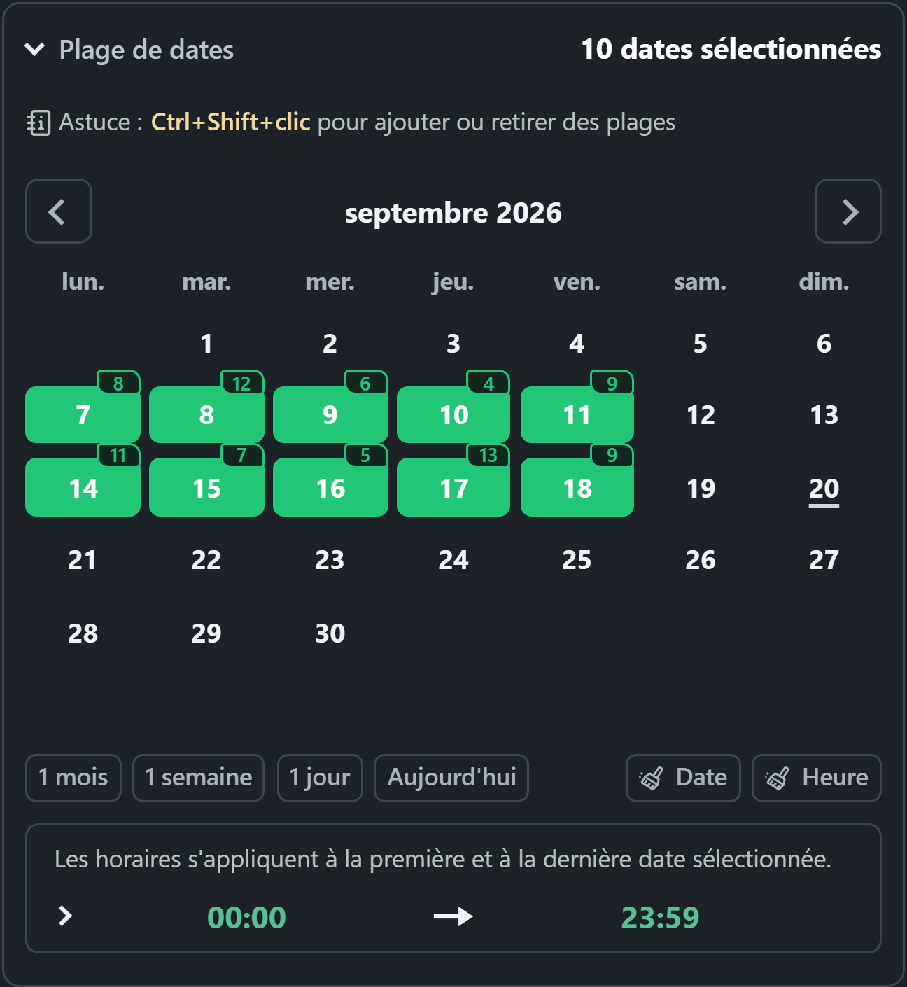 Calendrier WhatsSnap avec plages de dates sélectionnées et badges multimédias analysés quotidiennement