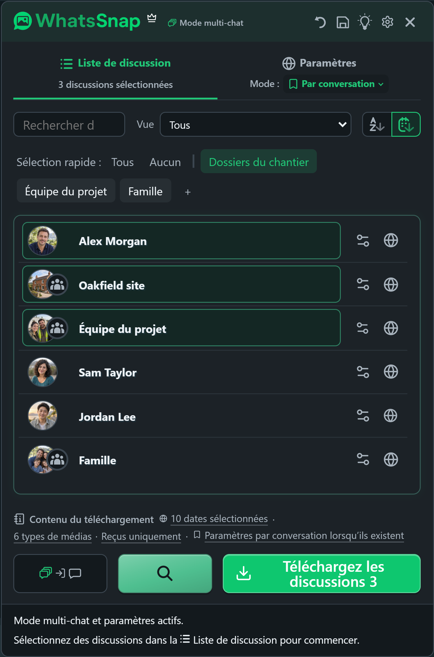 WhatsSnap Multi-chat avec groupes de sélection rapide, recherche, filtres et discussions professionnelles fictives