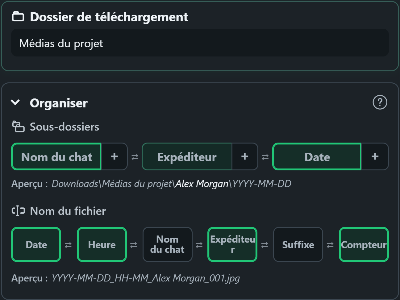 WhatsSnap contrôles d'organisation par glisser-déposer avec aperçus des dossiers et des noms de fichiers
