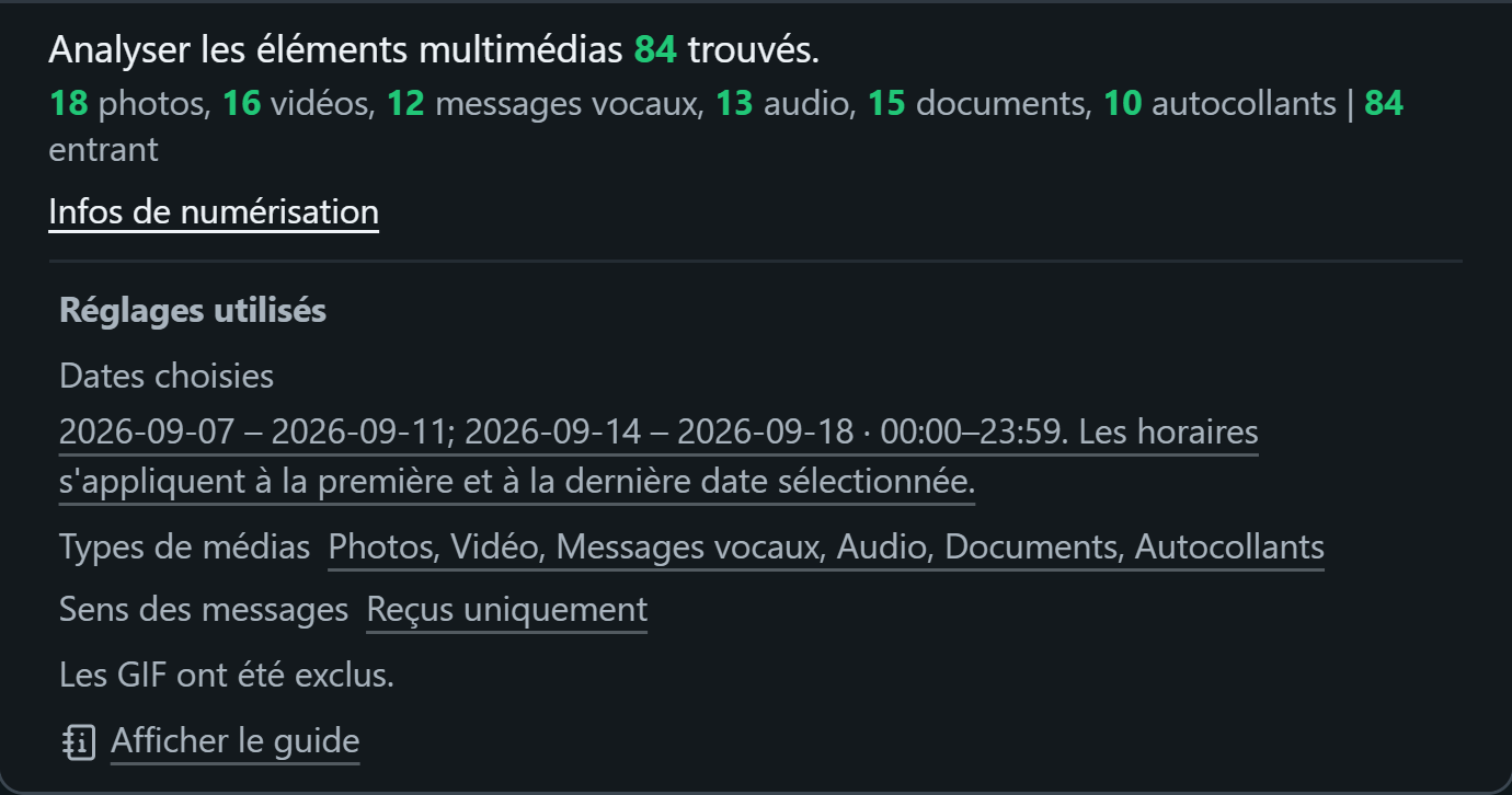 WhatsSnap Une seule discussion — Infos de numérisation affichant le nombre de médias et les filtres de date, de média et de direction utilisés