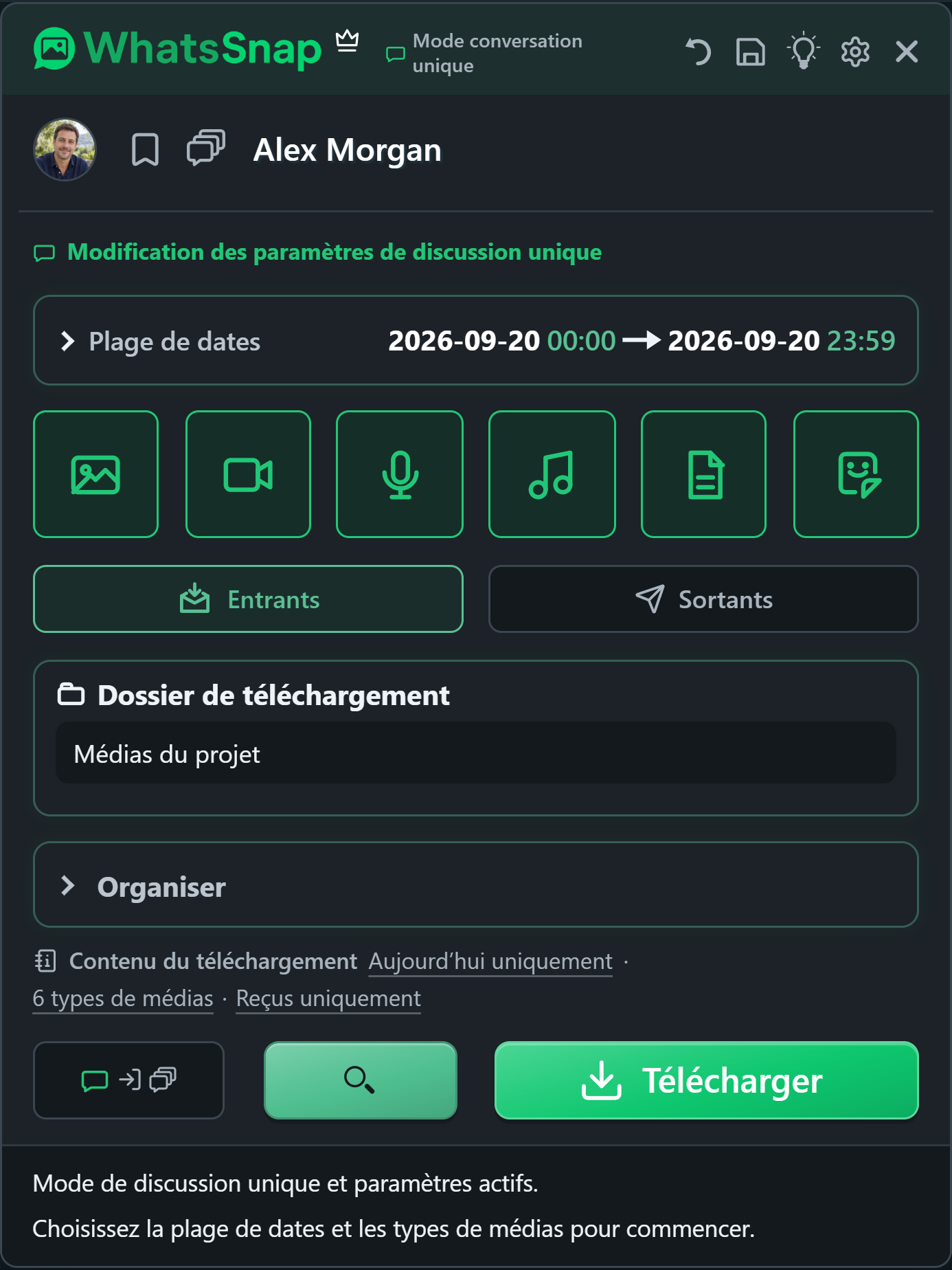 WhatsSnap à l'intérieur de WhatsApp Web avec contrôles de date, de média et d'organisation des fichiers
