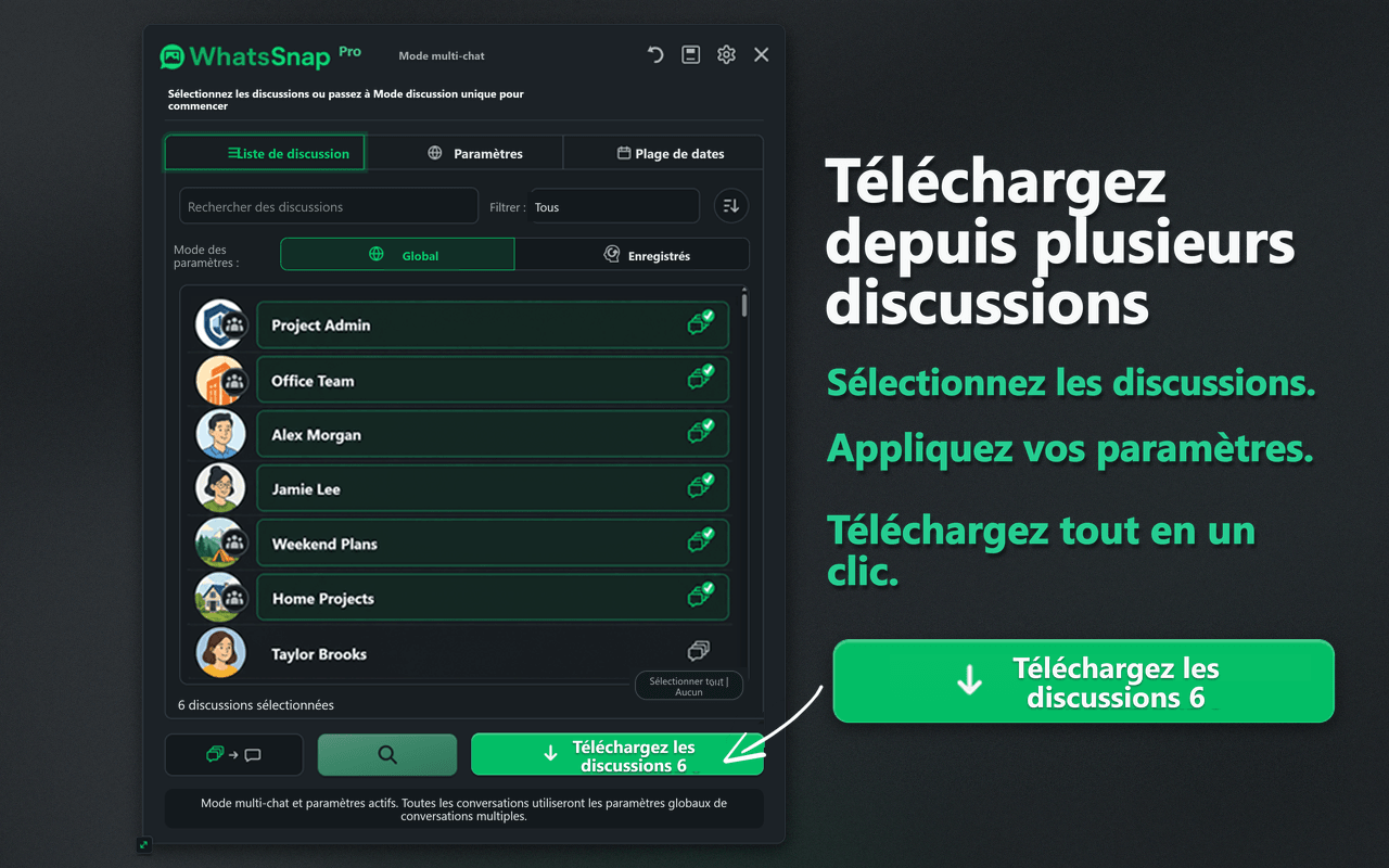 Interface WhatsSnap de sélection Multi-chat et de téléchargement groupé