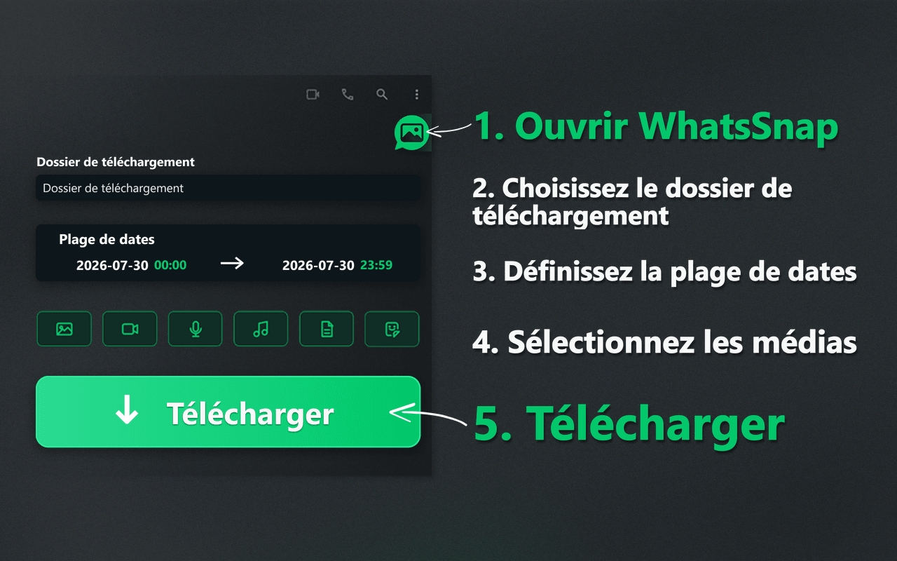 Lanceur WhatsSnap, plage de dates, sélection des médias et processus de téléchargement