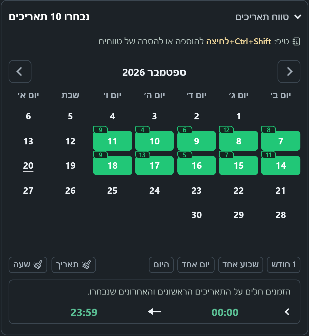 לוח שנה WhatsSnap עם טווחי תאריכים נבחרים ותגי מדיה שנמצאו בסריקה יומית