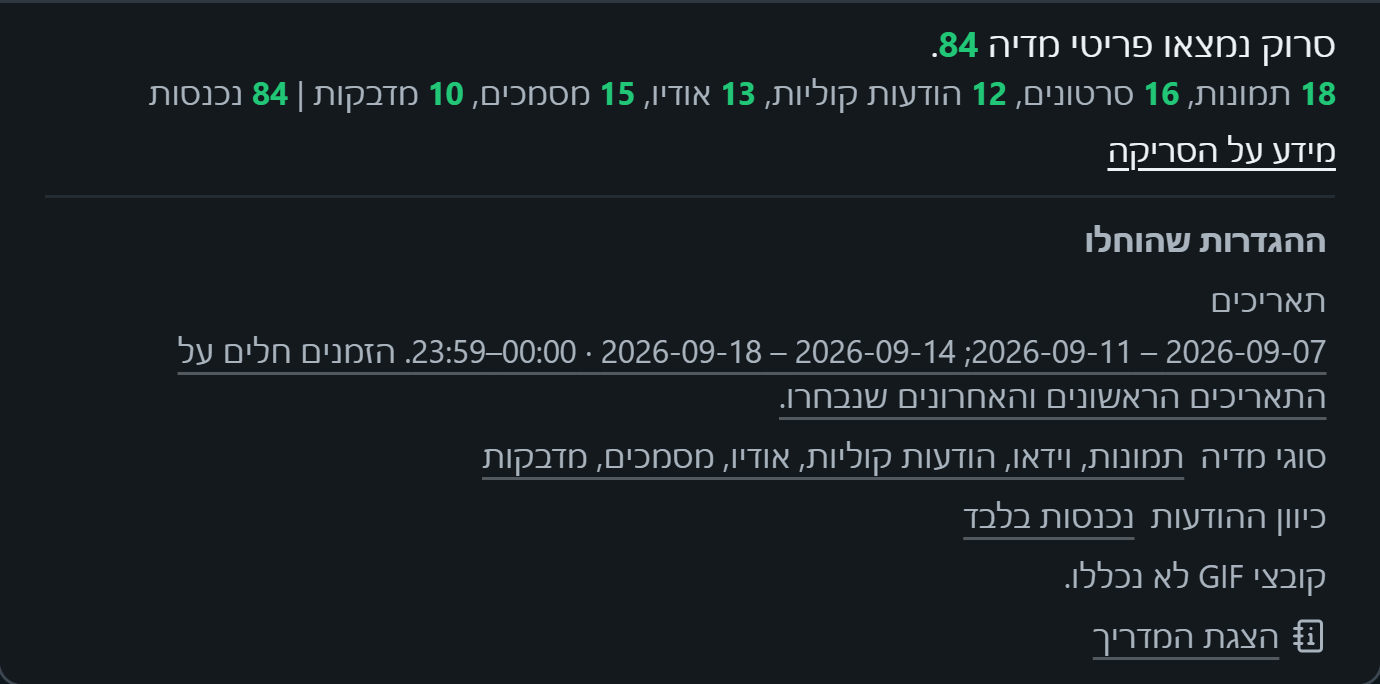 WhatsSnap צ'אט יחיד — מידע על הסריקה מציג את ספירת המדיה ואת מסנני התאריך, המדיה והכיוון שבהם נעשה שימוש