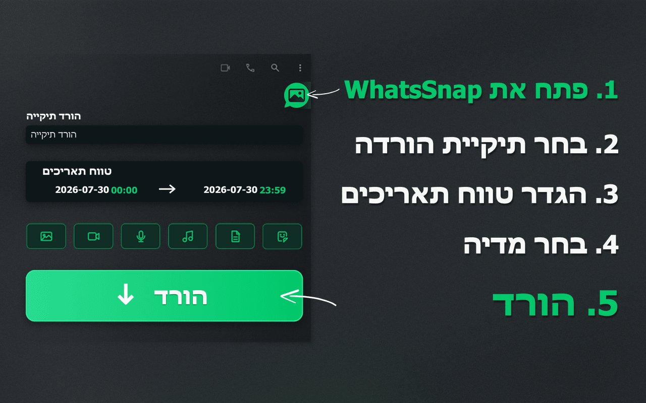 מפעיל WhatsSnap, טווח תאריכים, בחירת מדיה ותהליך ההורדה
