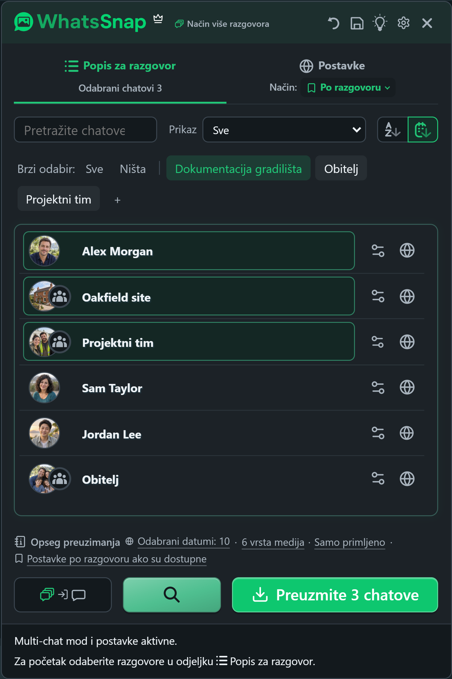 WhatsSnap Multi-chat s Quick Select grupama, pretraživanjem, filtrima i izmišljenim radnim chatovima