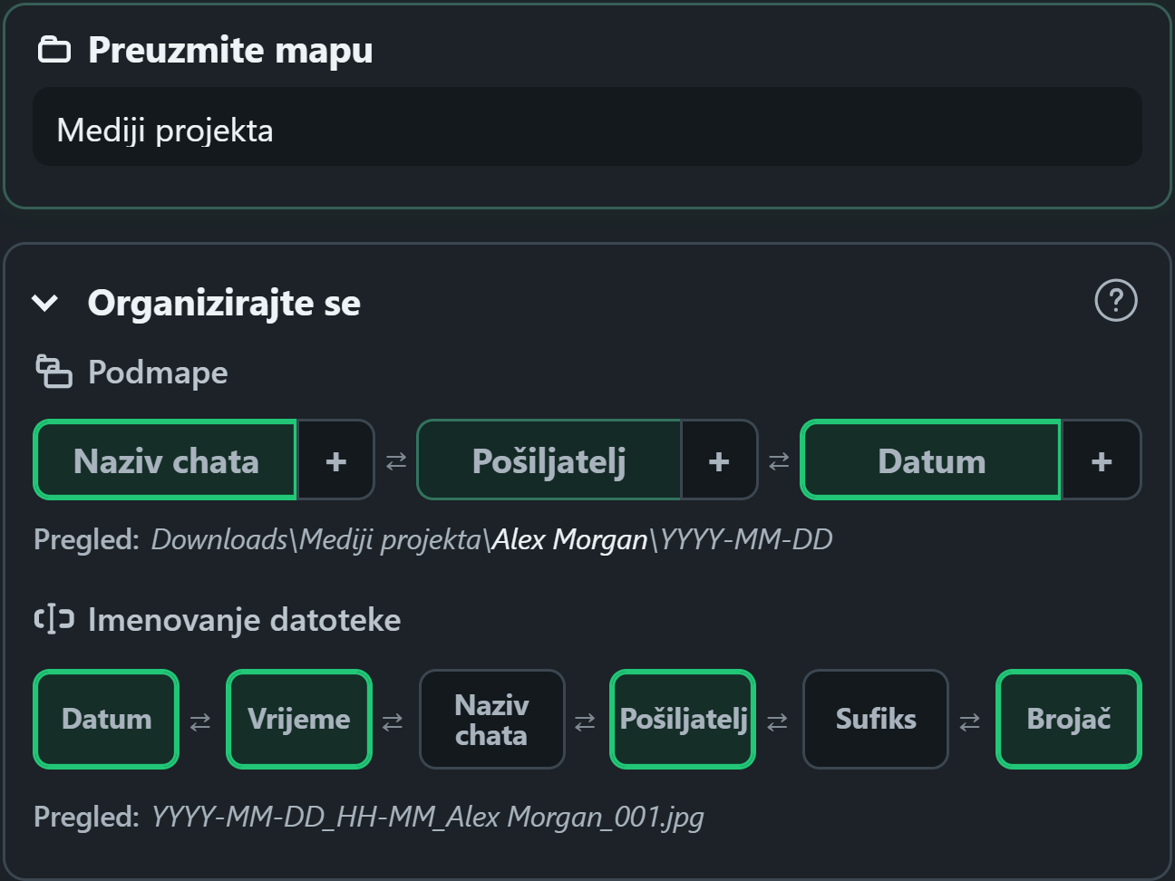 WhatsSnap povuci i ispusti organizacijske kontrole s pregledima mapa i naziva datoteka