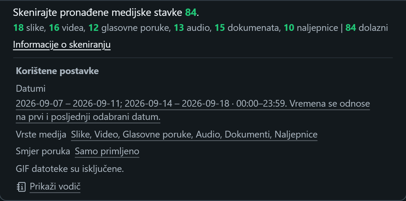 WhatsSnap Jedan razgovor — Informacije o skeniranju prikazuje broj medija i korištene filtre datuma, medija i smjera