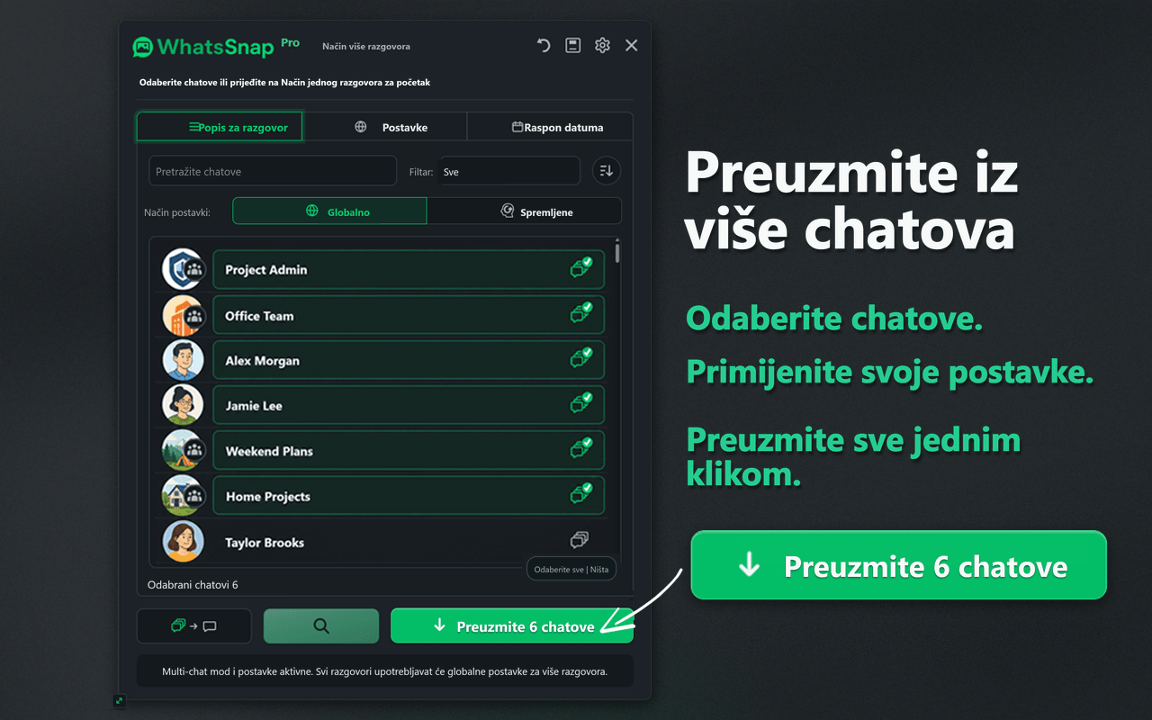 Sučelje WhatsSnapa za odabir u načinu Multi-chat i skupno preuzimanje