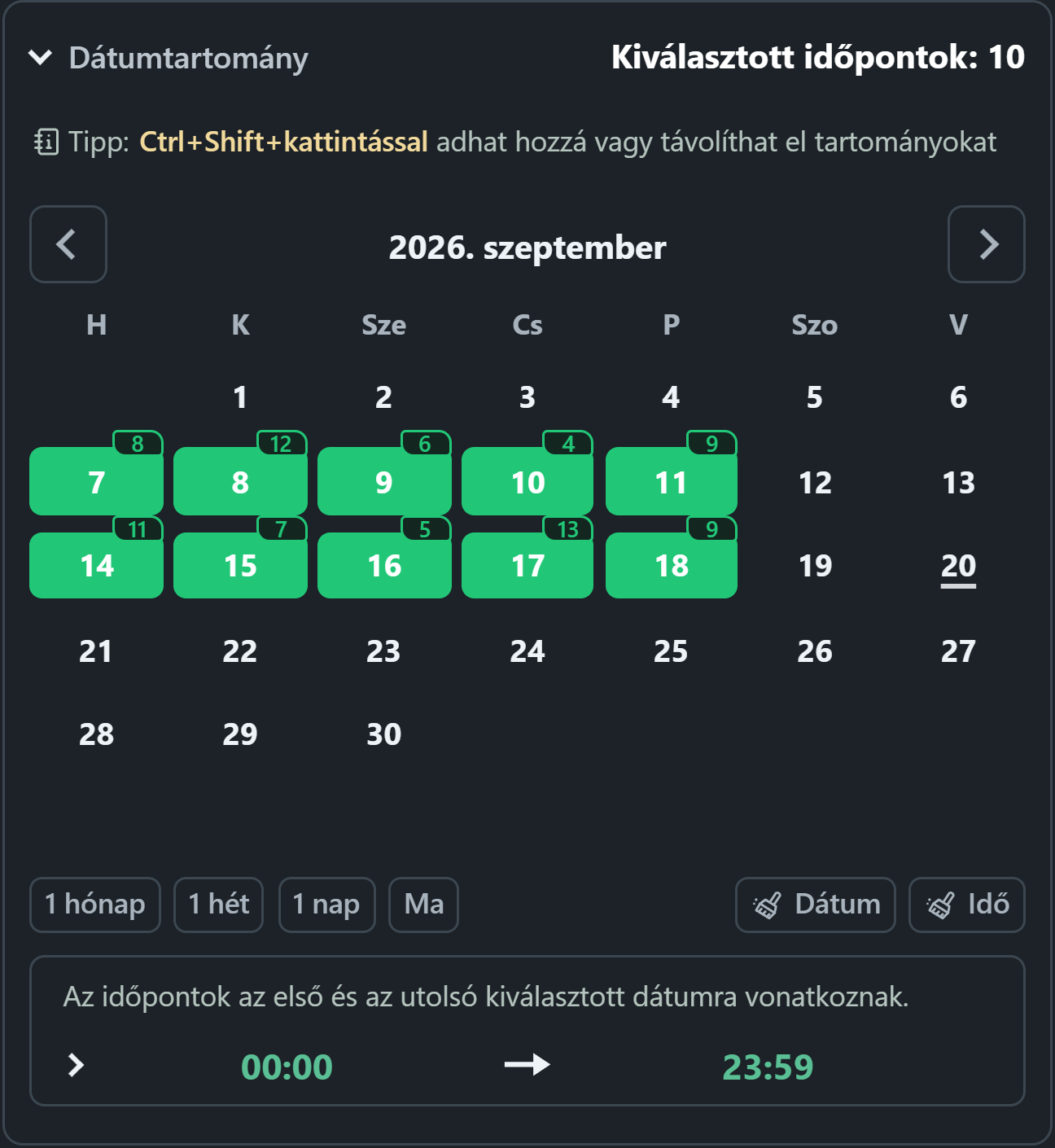 WhatsSnap naptár kiválasztott dátumtartományokkal és naponta szkennelt médiajelvényekkel