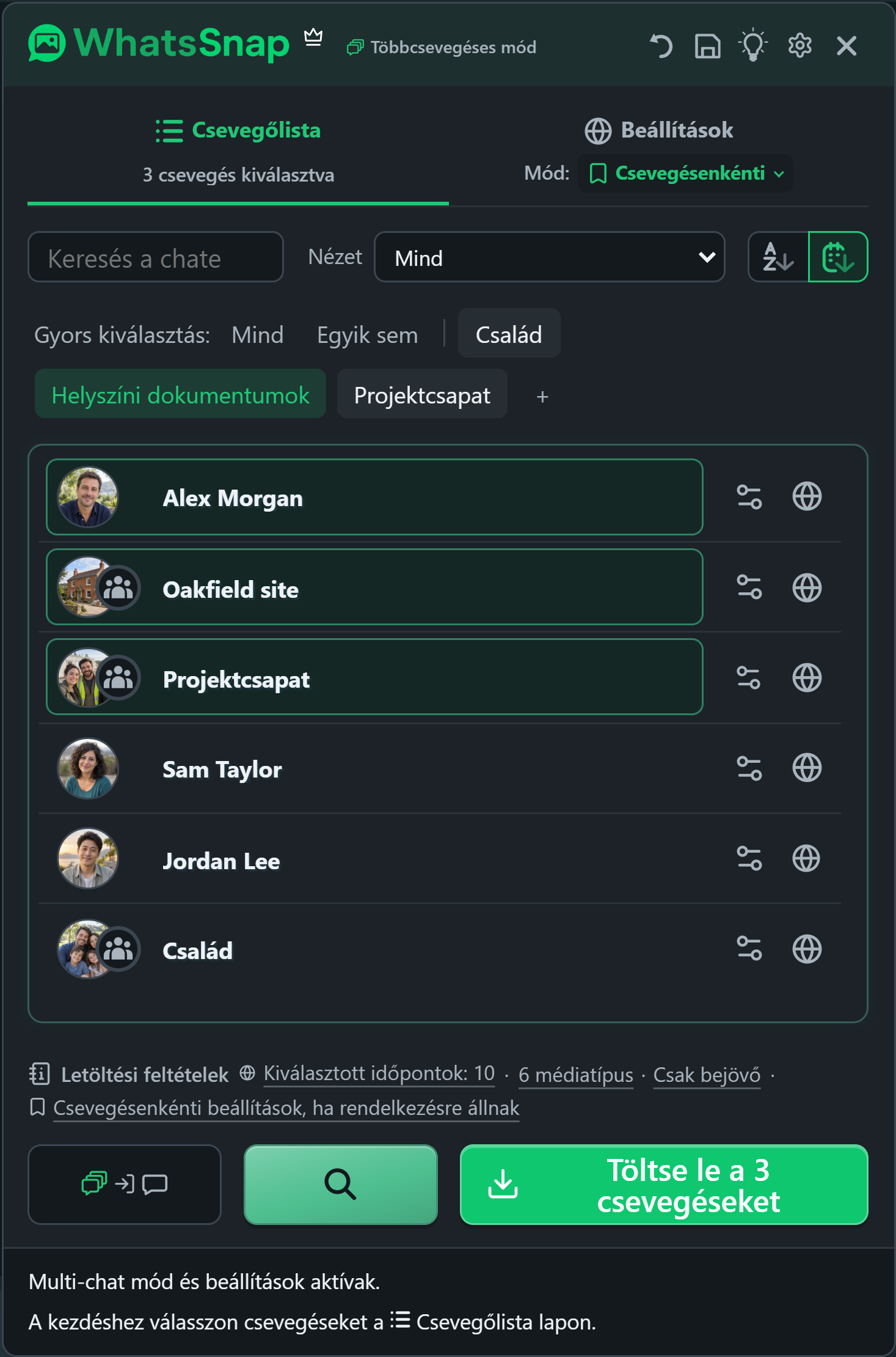 WhatsSnap Többszörös csevegés a Quick Select csoportokkal, kereséssel, szűrőkkel és kitalált munkacsevegésekkel