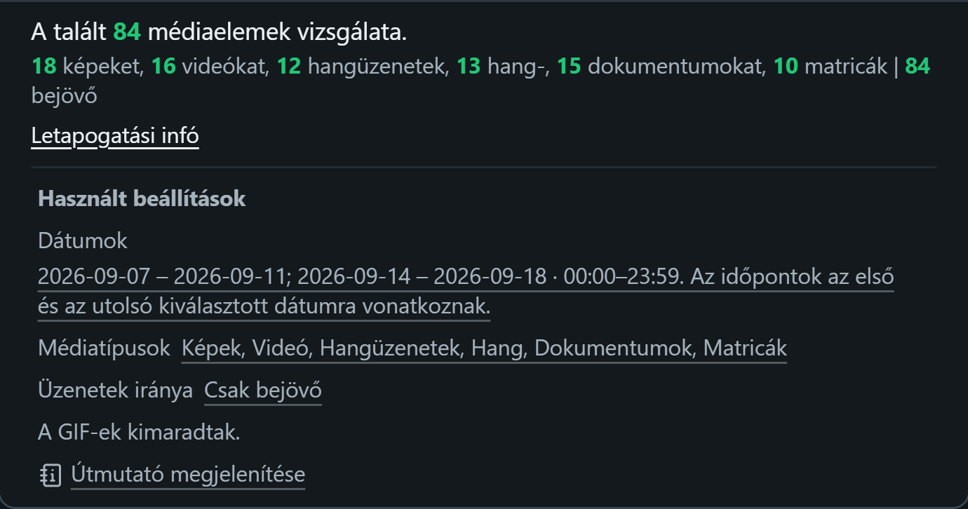 WhatsSnap Egy csevegés — Letapogatási infó mutatja a hordozók számát, valamint a dátumot, a média- és az irányszűrőket