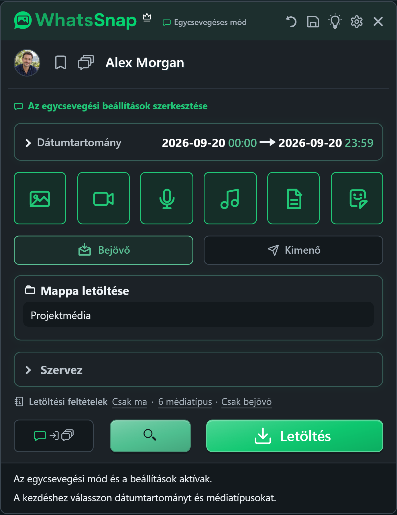 WhatsSnap belül WhatsApp Web dátum, média és fájlszervezési vezérlőkkel