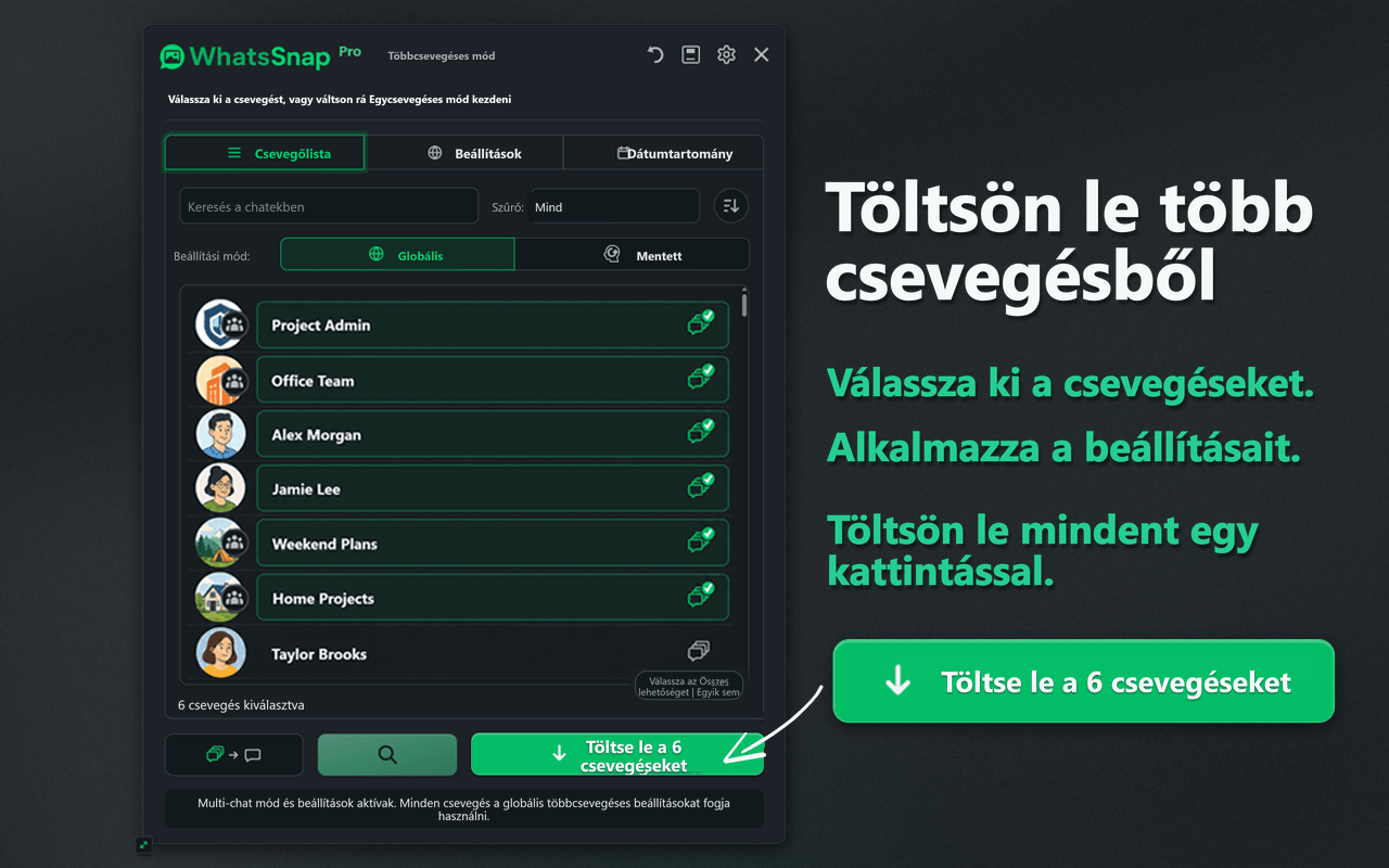 A WhatsSnap Multi-chat kiválasztási és kötegelt letöltési felülete