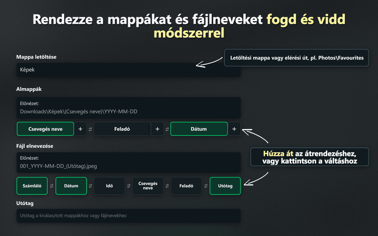 A WhatsSnap fogd és vidd mappa- és fájlnév-rendezési vezérlői