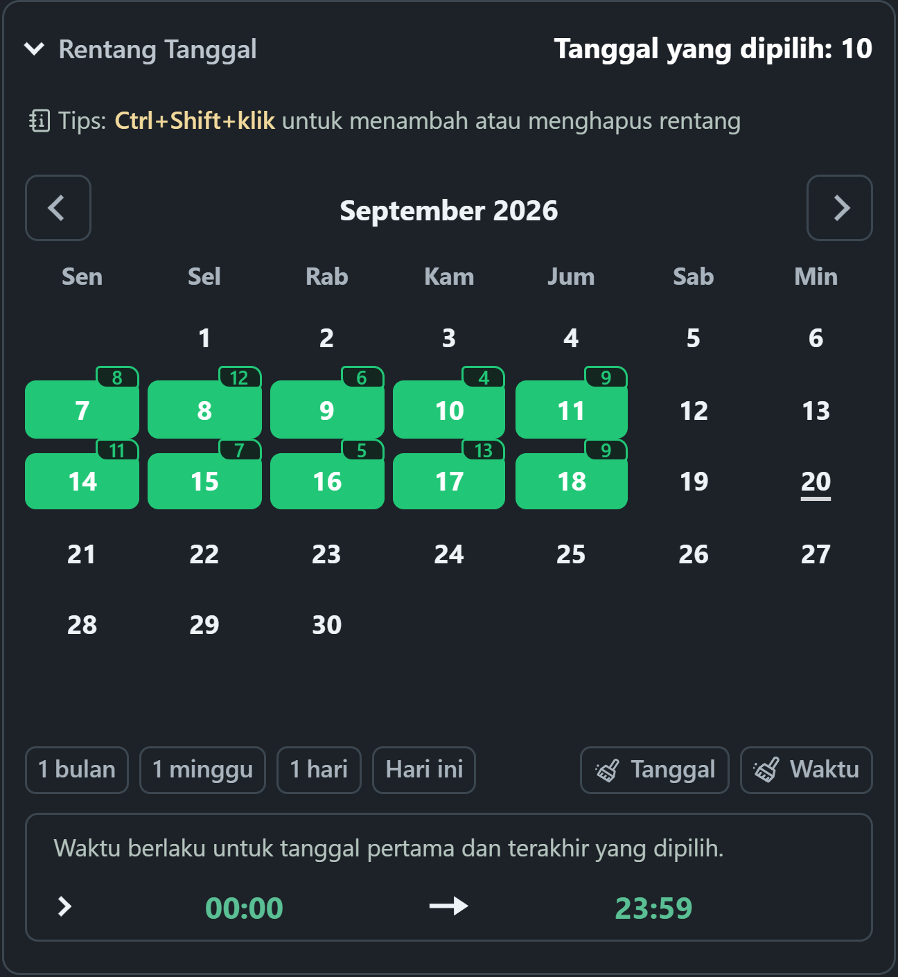 Kalender WhatsSnap dengan rentang tanggal yang dipilih dan lencana media yang ditemukan pindaian harian