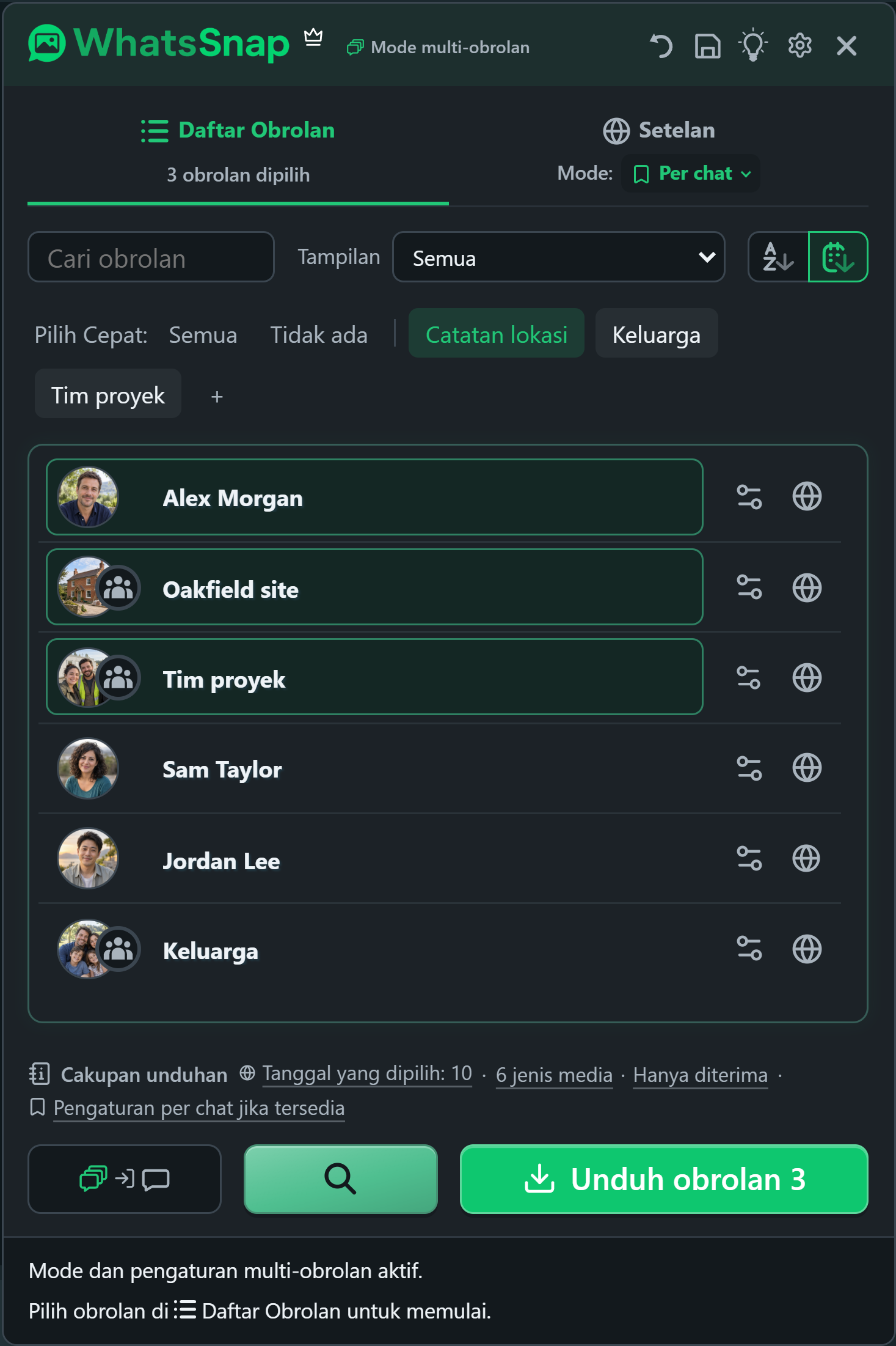 WhatsSnap Multi-obrolan dengan grup Pilih Cepat, pencarian, filter, dan obrolan kerja fiksi