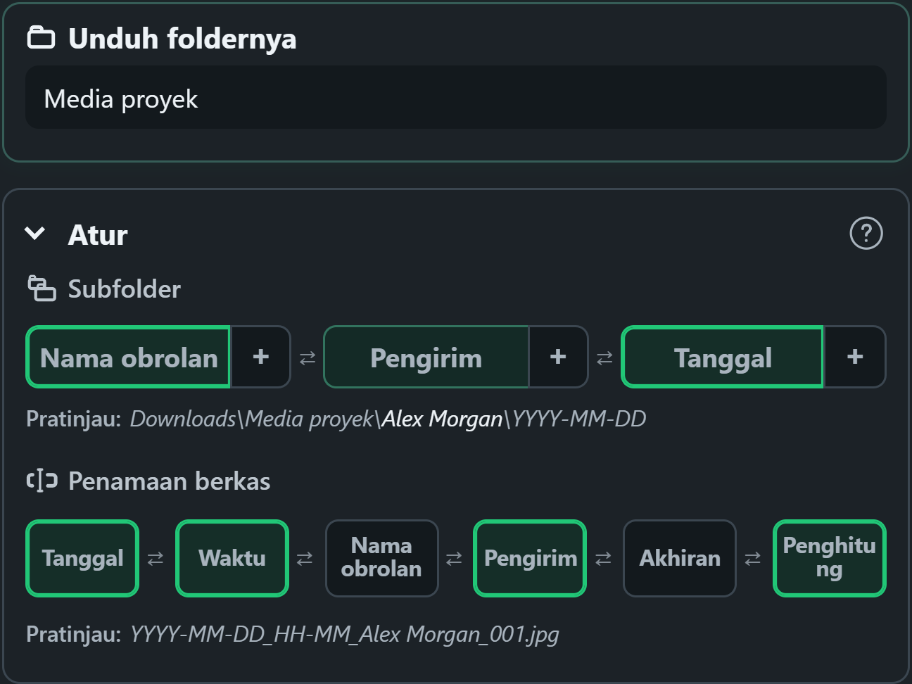 WhatsSnap kontrol organisasi seret dan lepas dengan pratinjau folder dan nama file