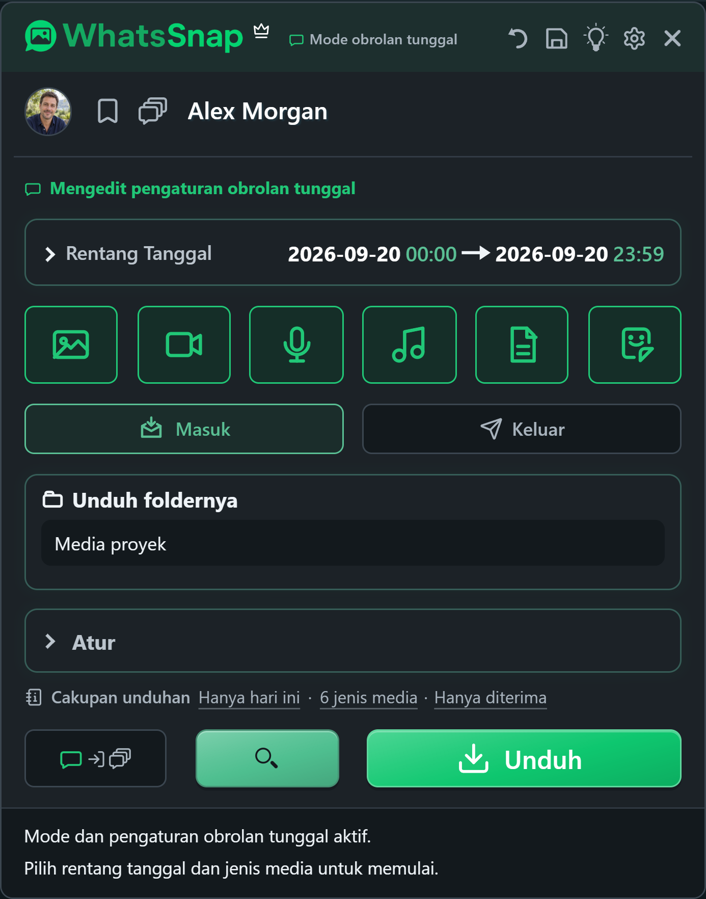 WhatsSnap di dalam WhatsApp Web dengan kontrol tanggal, media, dan organisasi file