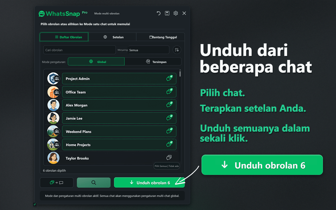 Antarmuka pemilihan Multi-chat dan unduhan massal WhatsSnap