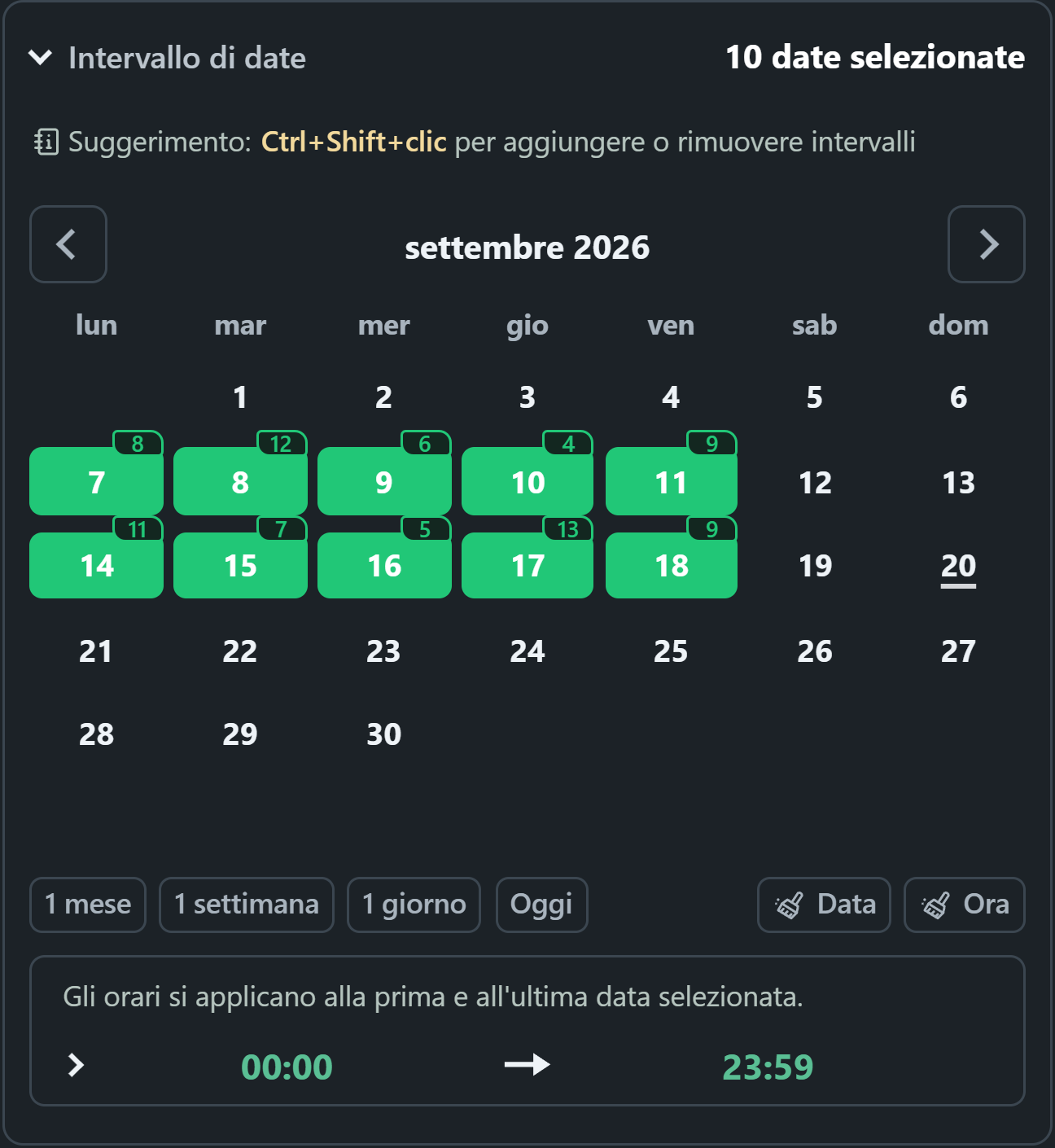 Calendario WhatsSnap con intervalli di date selezionati e badge multimediali trovati tramite scansione giornaliera