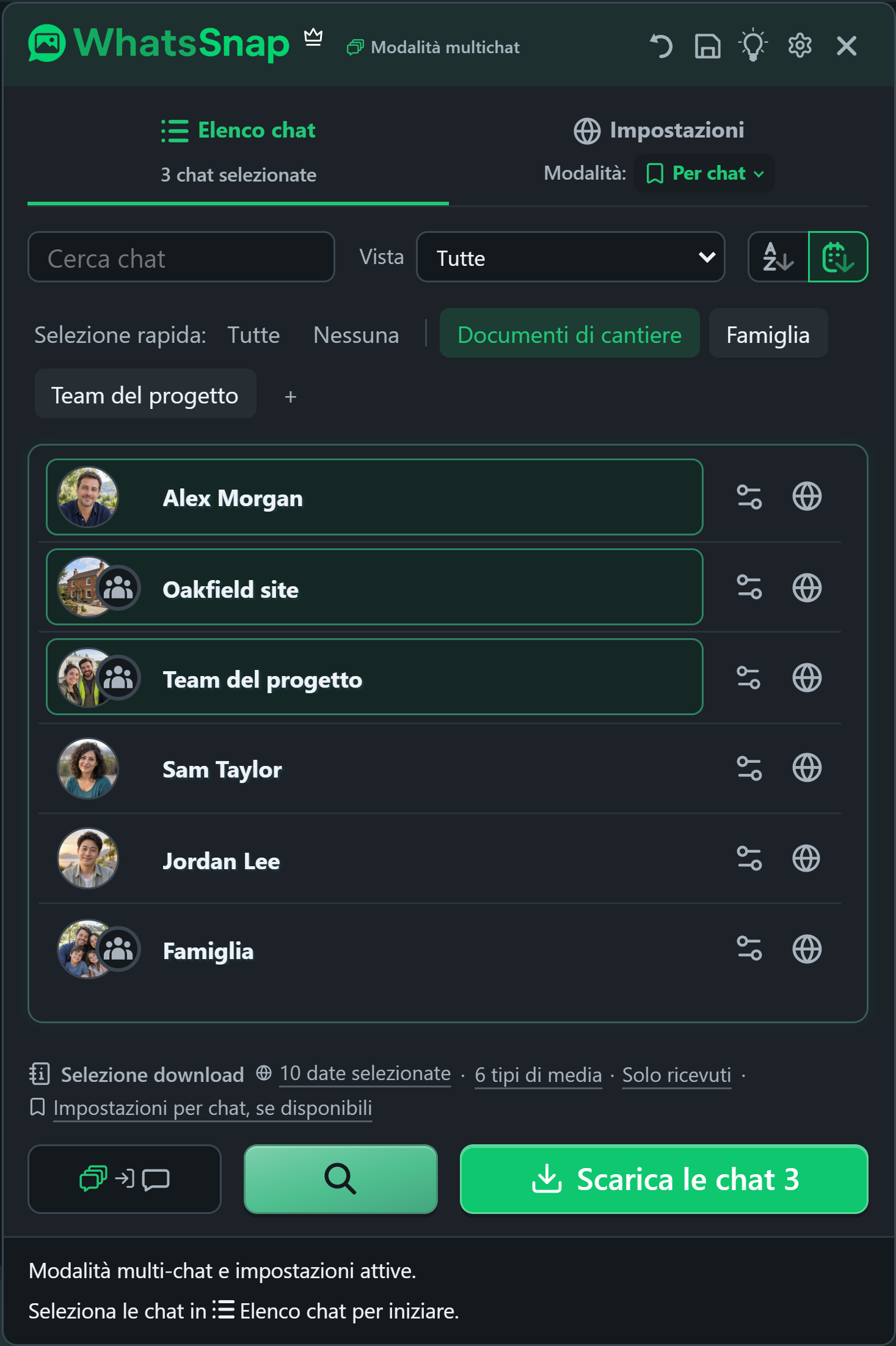 WhatsSnap Multichat con gruppi di selezione rapida, ricerca, filtri e chat di lavoro immaginarie