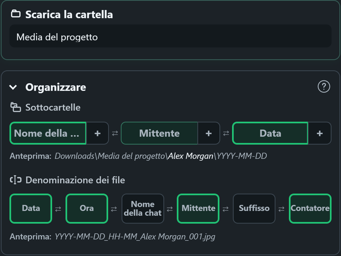 WhatsSnap controlli organizzativi drag-and-drop con anteprime di cartelle e nomi di file