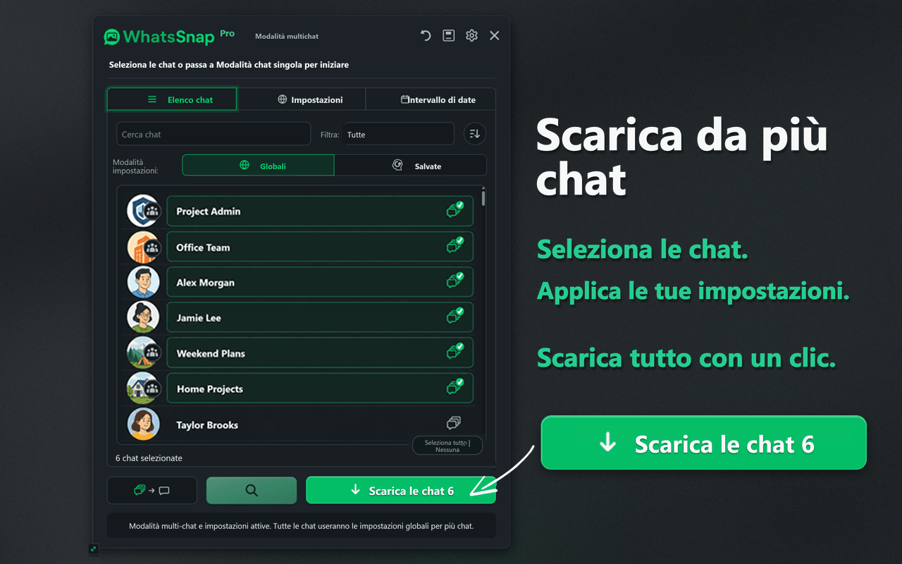 Interfaccia WhatsSnap per la selezione Multi-chat e il download in blocco