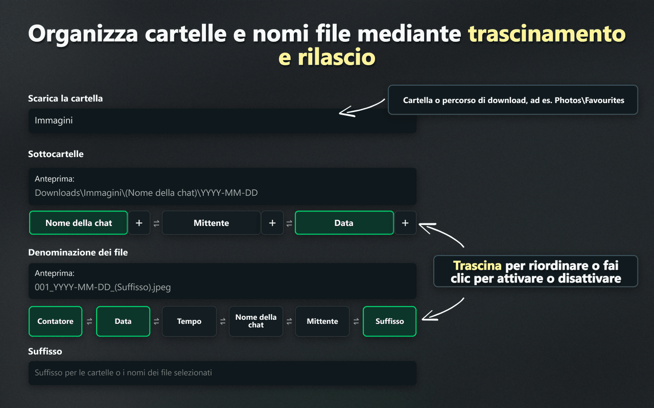 Controlli WhatsSnap con trascinamento per organizzare cartelle e nomi file