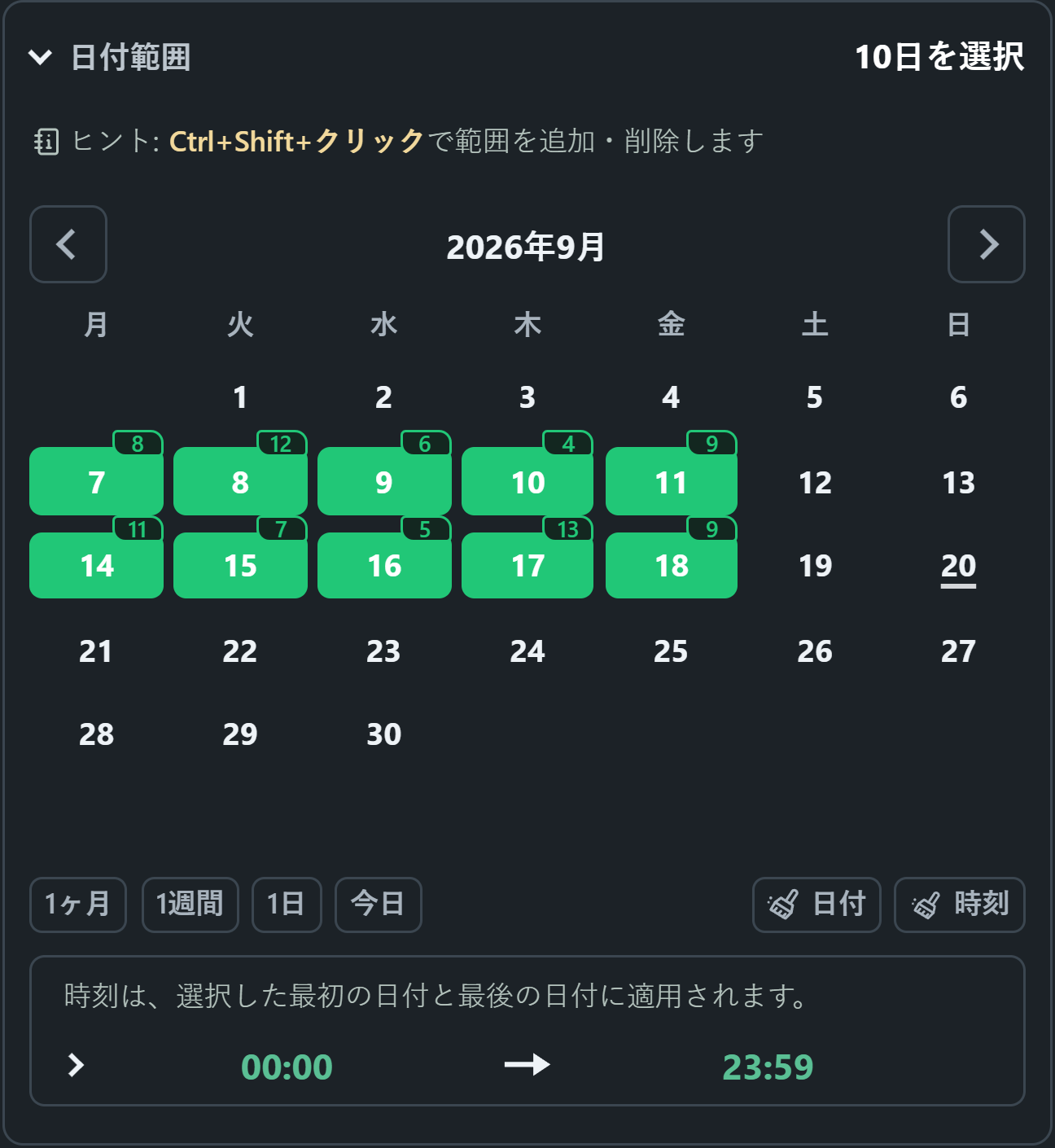 選択した日付範囲と毎日のスキャンで見つかったメディア バッジを含む WhatsSnap カレンダー