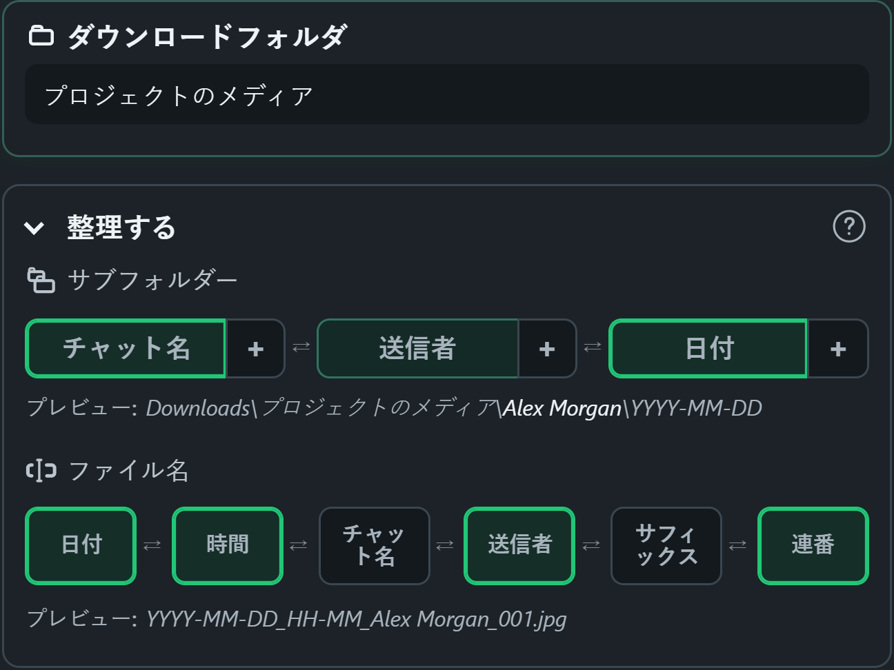 WhatsSnap フォルダーとファイル名のプレビューを備えたドラッグ アンド ドロップの組織コントロール