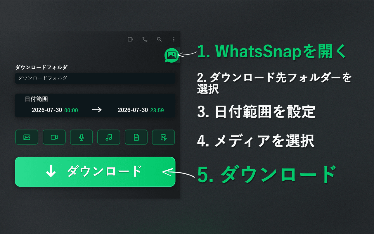 WhatsSnap ランチャー、日付範囲、メディア選択、ダウンロードの流れ