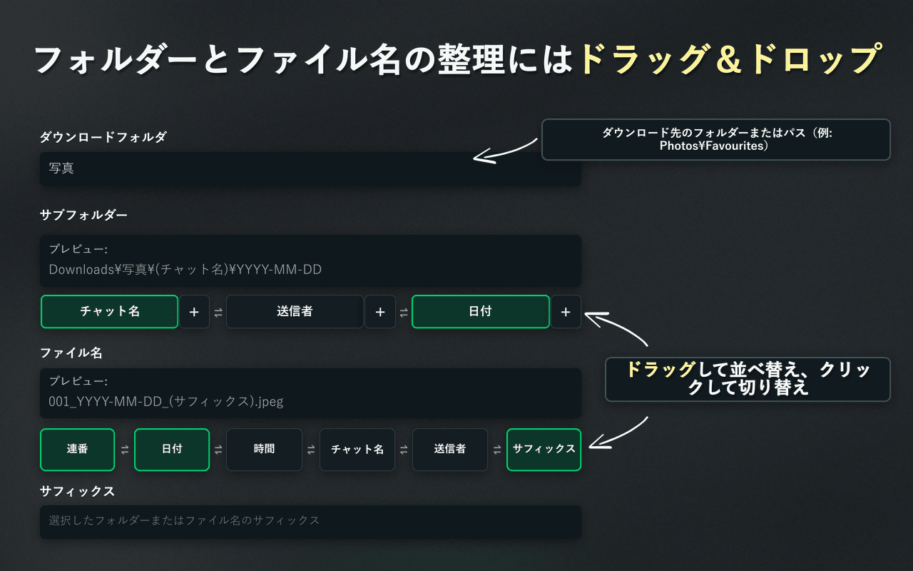 フォルダとファイル名を整理する WhatsSnap のドラッグ＆ドロップ操作