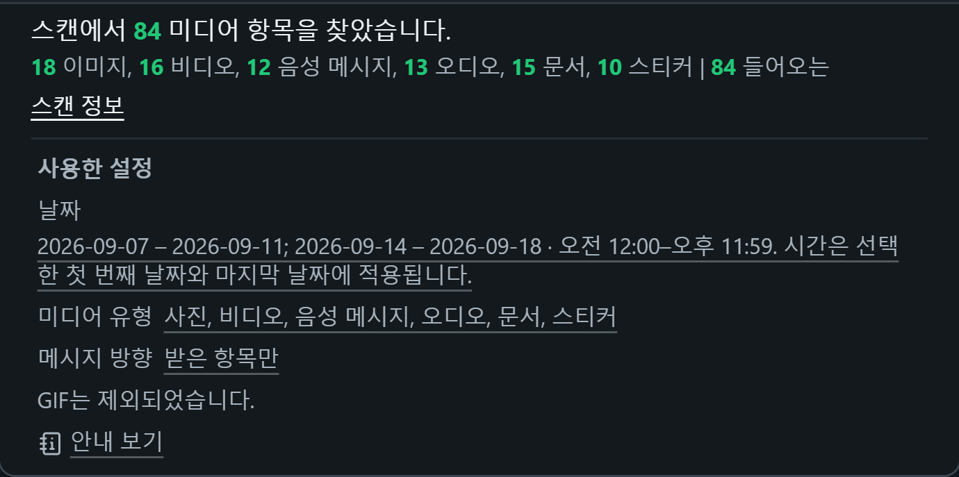 WhatsSnap 단일 채팅 — 스캔 정보에는 미디어 수와 사용된 날짜, 미디어 및 방향 필터가 표시됩니다.
