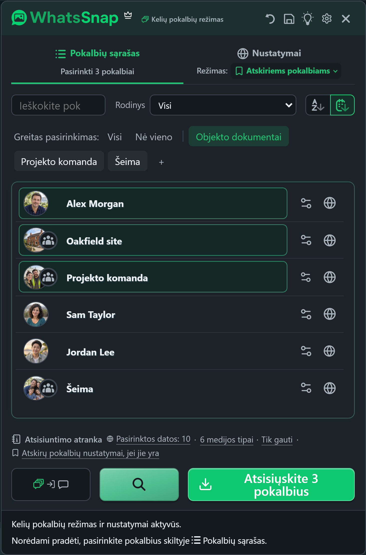 WhatsSnap Keli pokalbiai su greitojo pasirinkimo grupėmis, paieška, filtrais ir išgalvotais darbo pokalbiais