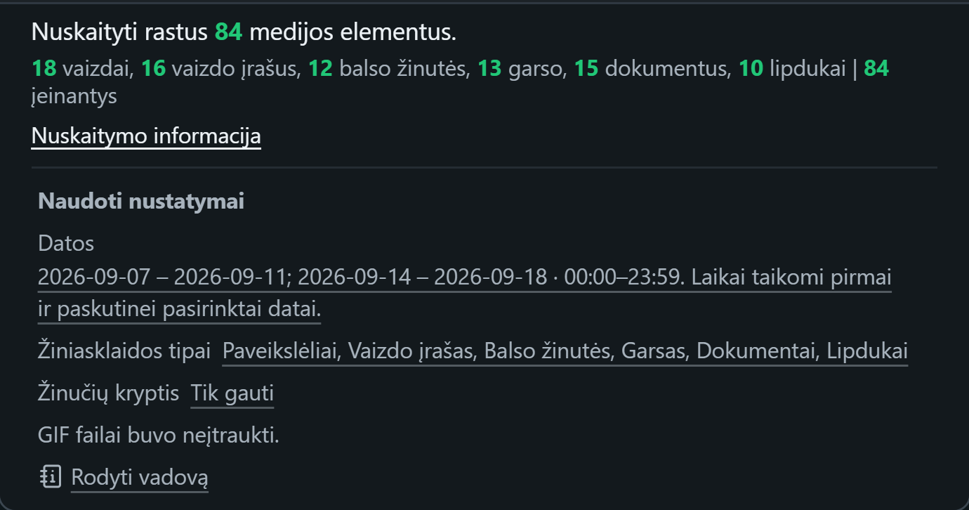 WhatsSnap Vienas pokalbis — Nuskaitymo informacija rodomas medijos skaičius ir data, laikmena ir naudojami krypties filtrai
