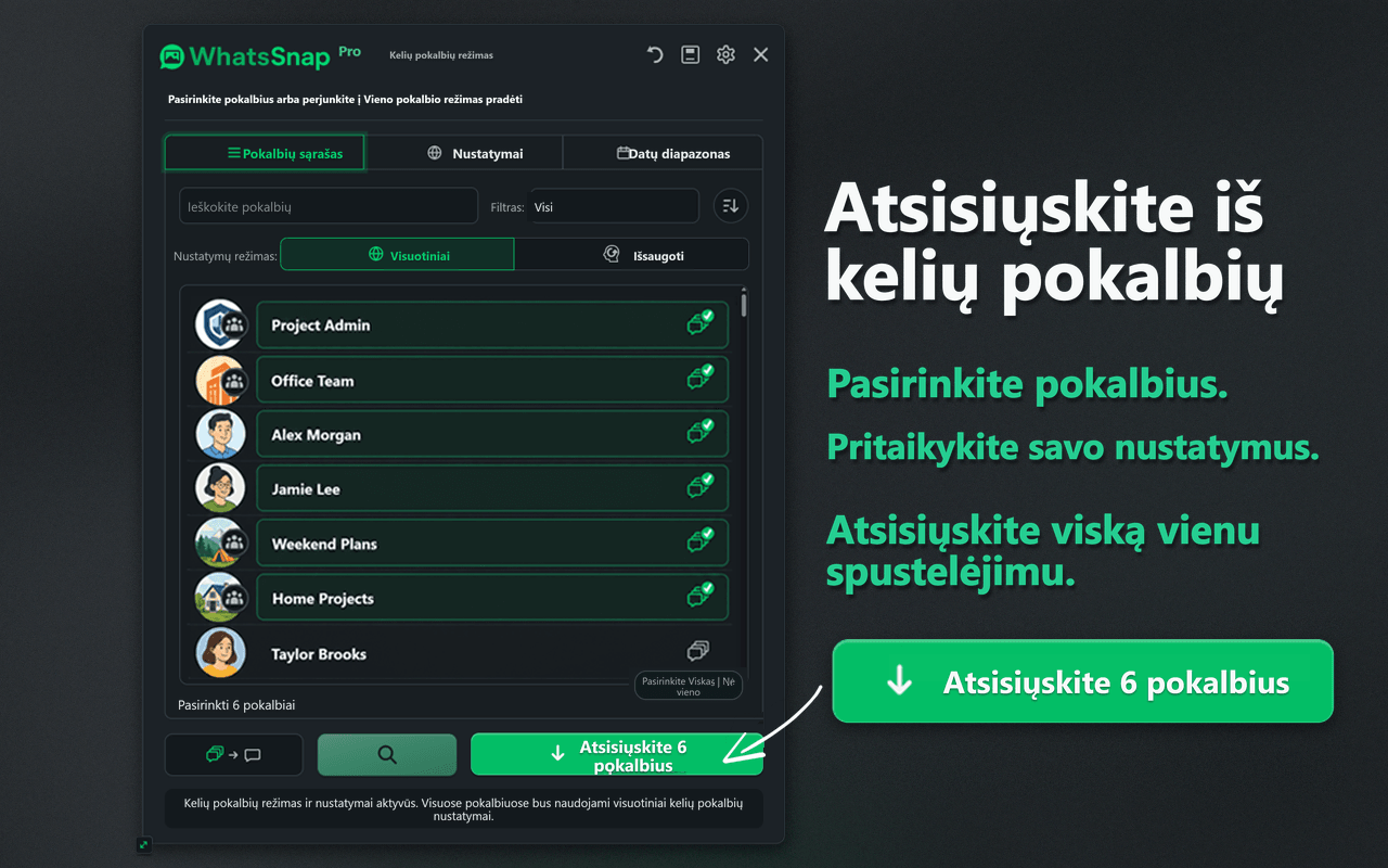 „WhatsSnap“ Multi-chat pasirinkimo ir paketinio atsisiuntimo sąsaja
