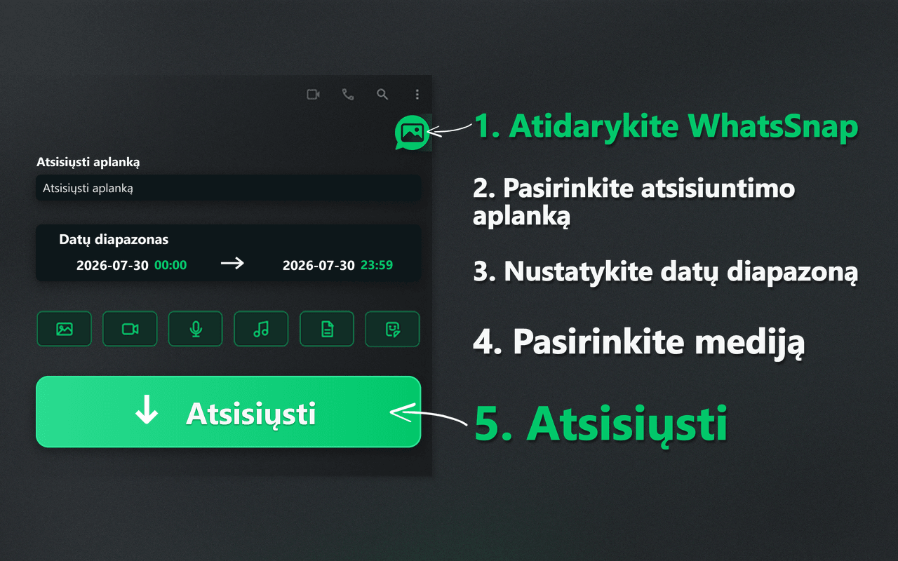 „WhatsSnap“ paleidiklis, datos intervalas, medijos pasirinkimas ir atsisiuntimo eiga