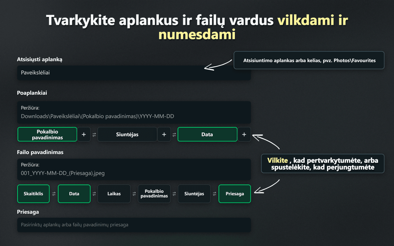 „WhatsSnap“ vilkimo valdikliai aplankams ir failų pavadinimams tvarkyti