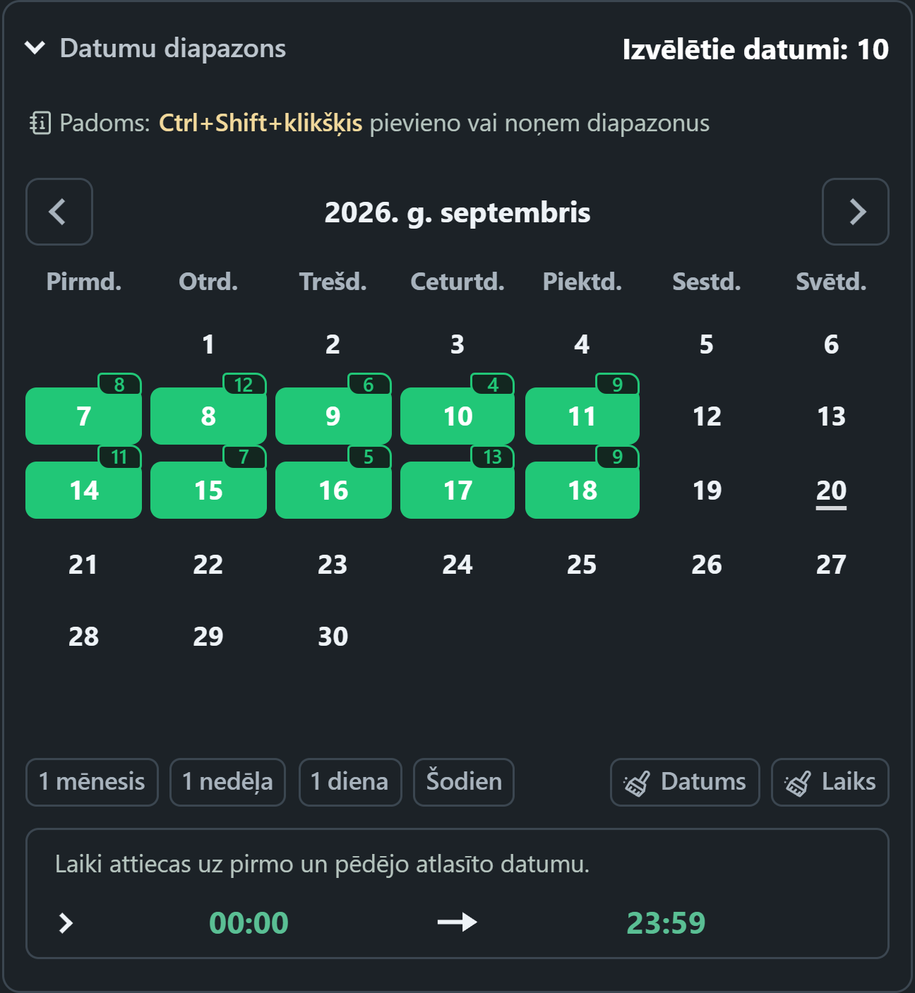 WhatsSnap kalendārs ar atlasītajiem datumu diapazoniem un ikdienas skenēšanas laikā atrastajām multivides emblēmām