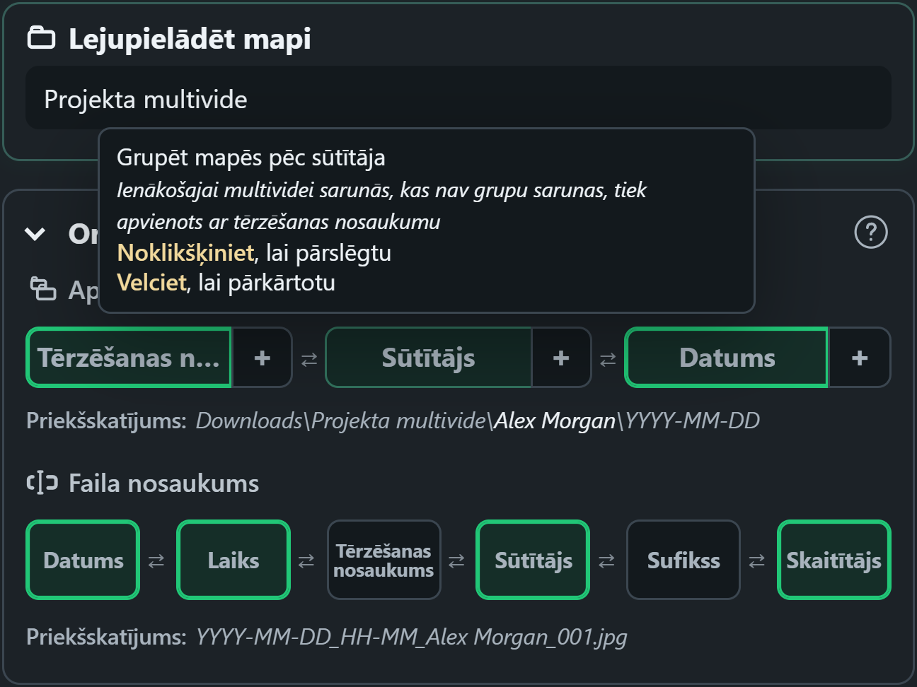 WhatsSnap vilkšanas un nomešanas organizācijas vadīklas ar mapju un faila nosaukumu priekšskatījumiem