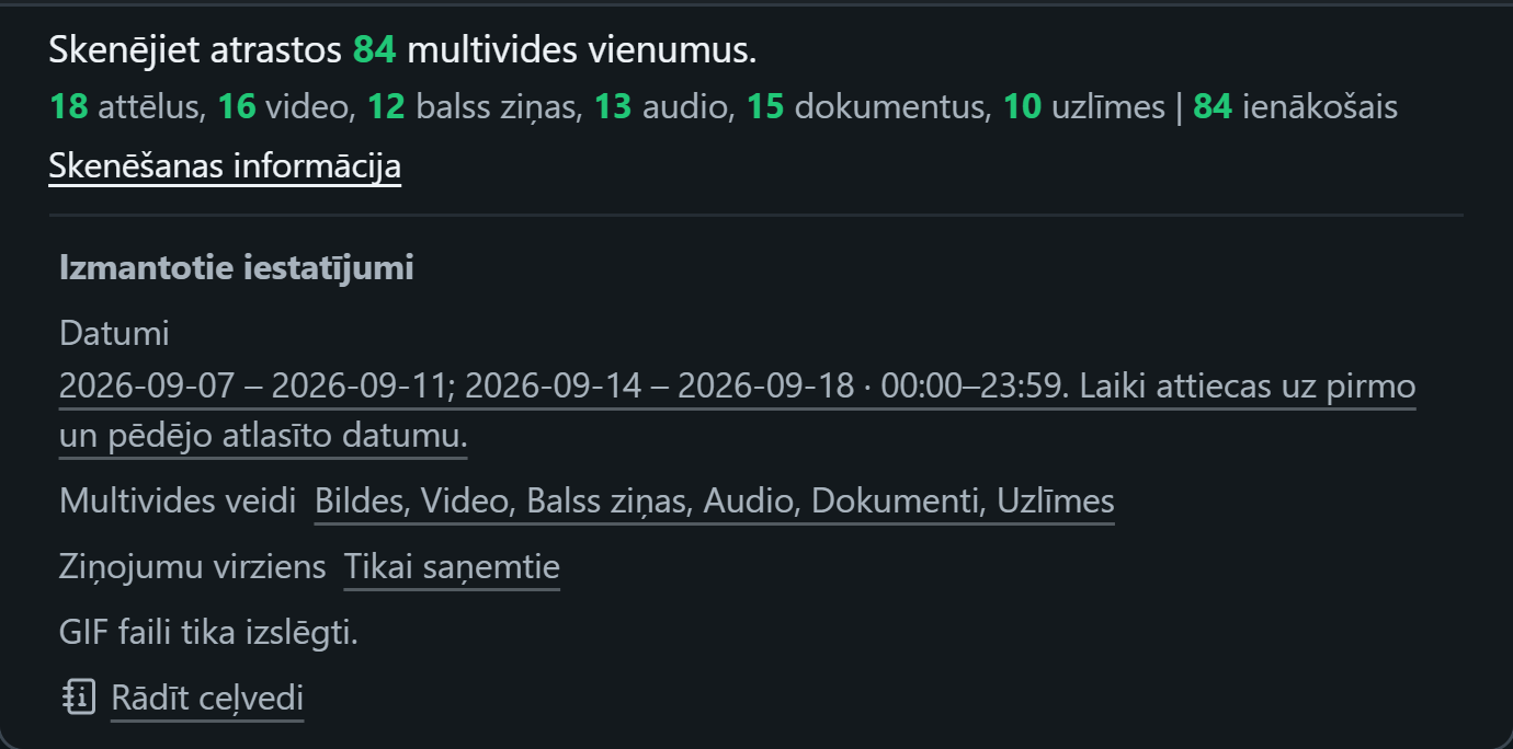 WhatsSnap Viena tērzēšana — Skenēšanas informācija rāda multivides skaitu un datumu, multivides un izmantotos virzienu filtrus